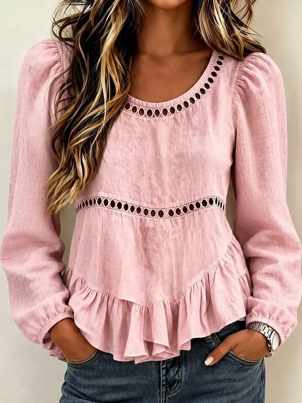 Long Sleeve Blouse with Eyelet Lace Trim and Ruffled Hem