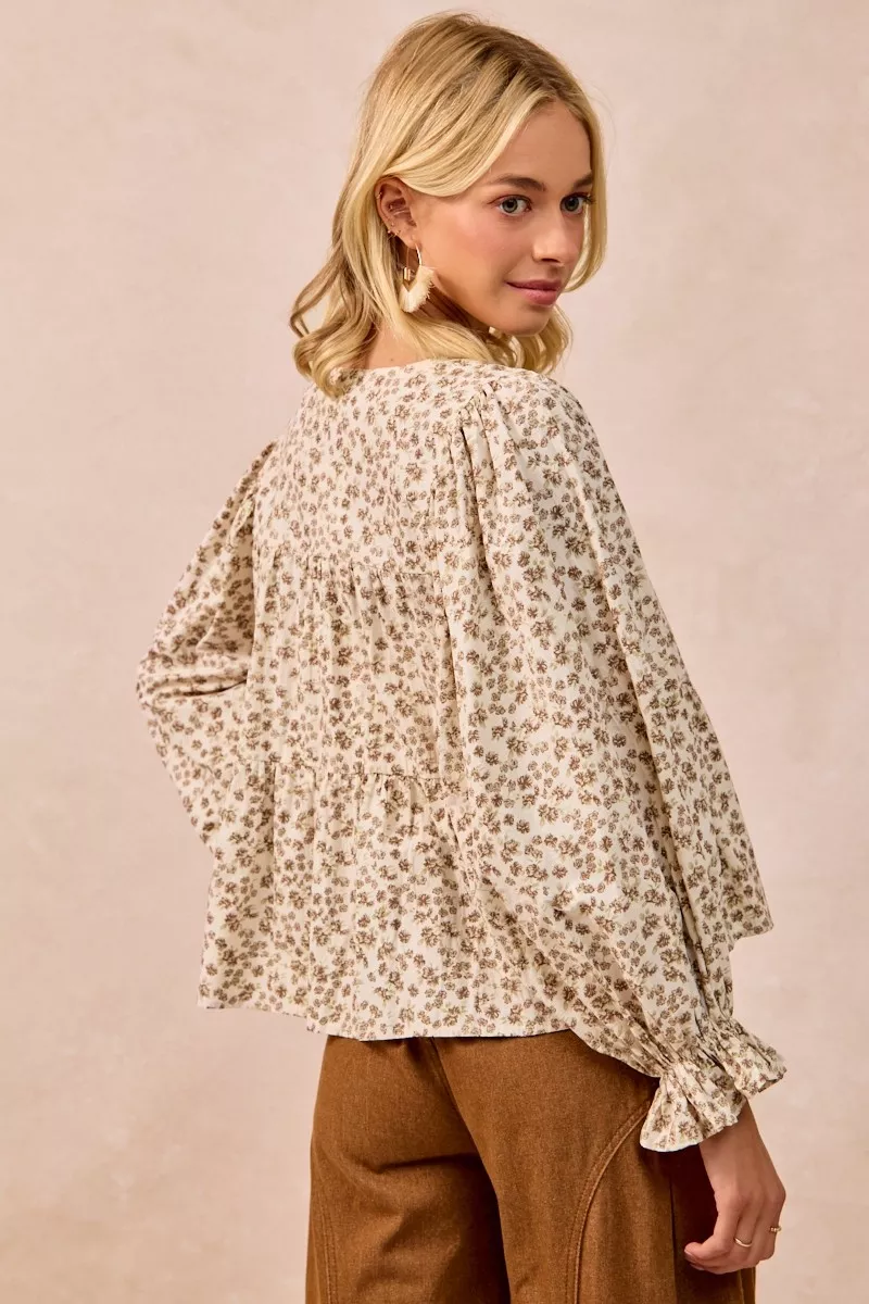 Floral Printed Peplum Blouse with Shirring and Tied, image 2