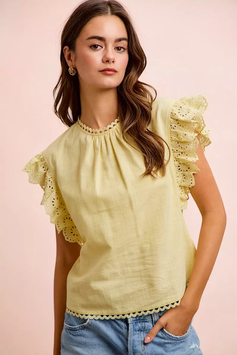 BiBi Cotton Solid Ruffle Sleeve Lace Detail Blouse Top, image 7