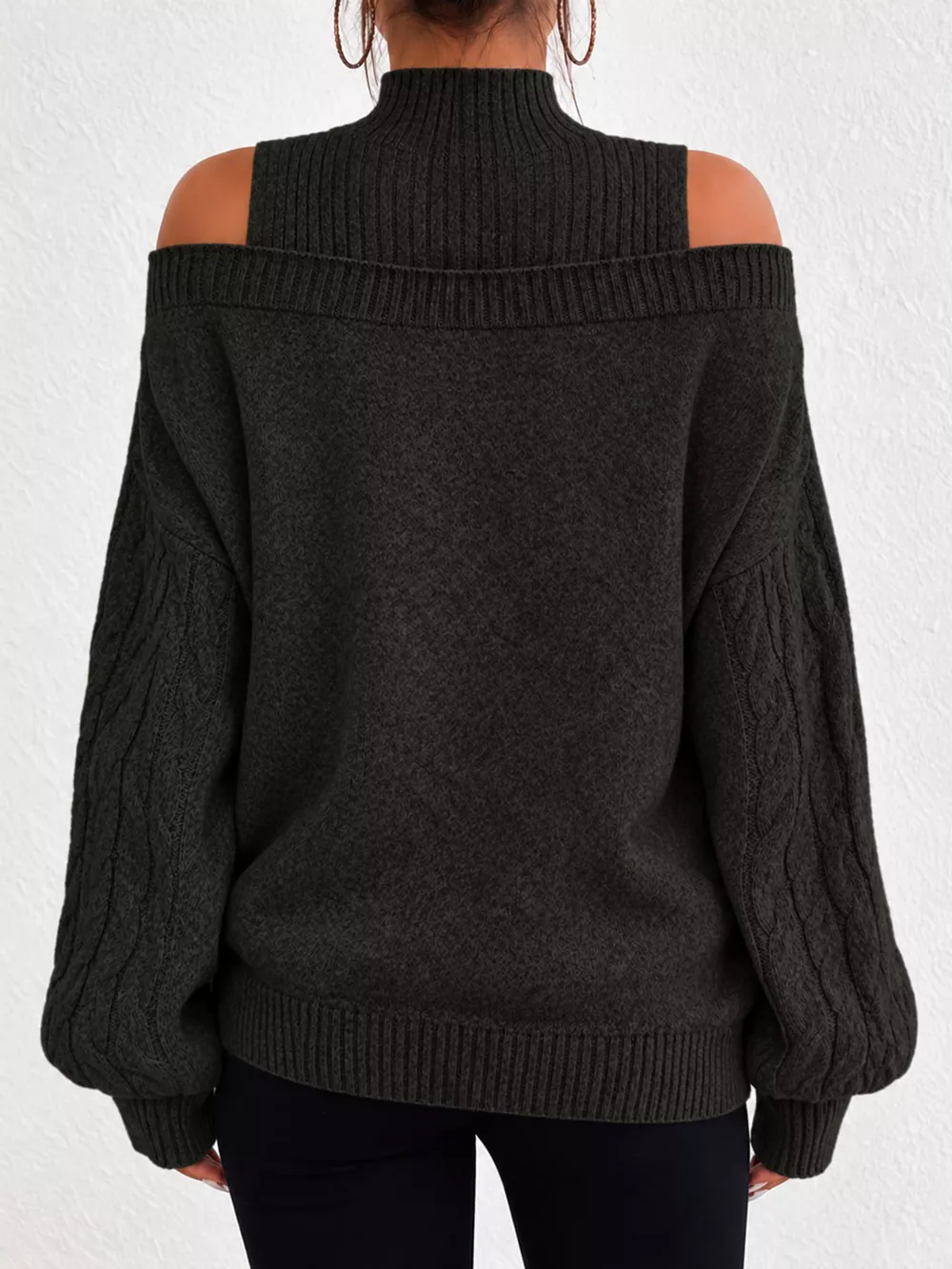 Full Size Cold Shoulder Mock Neck Cable Knit Sweater Plus Size, image 16