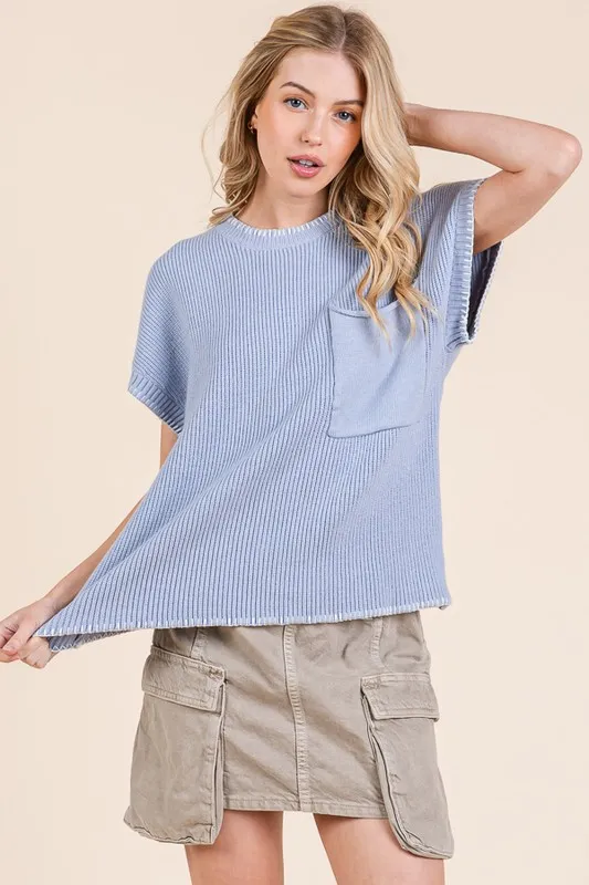 Solid Cap Sleeve Stitch Edge Knit Sweater