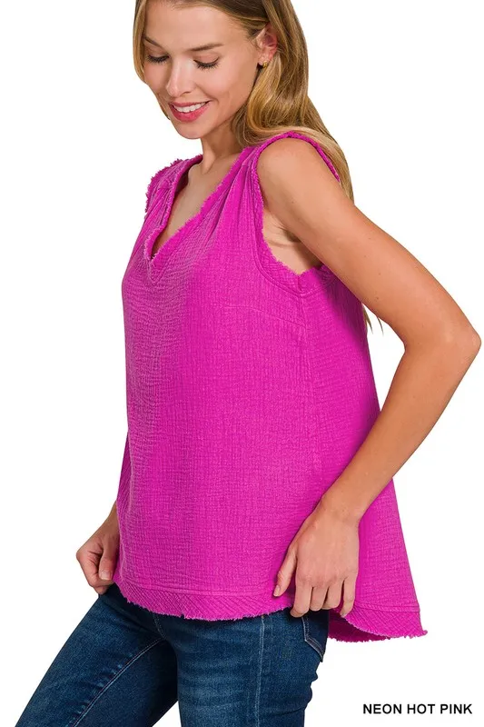 Double Gauze Raw Edge V-Neck Tank, image 3