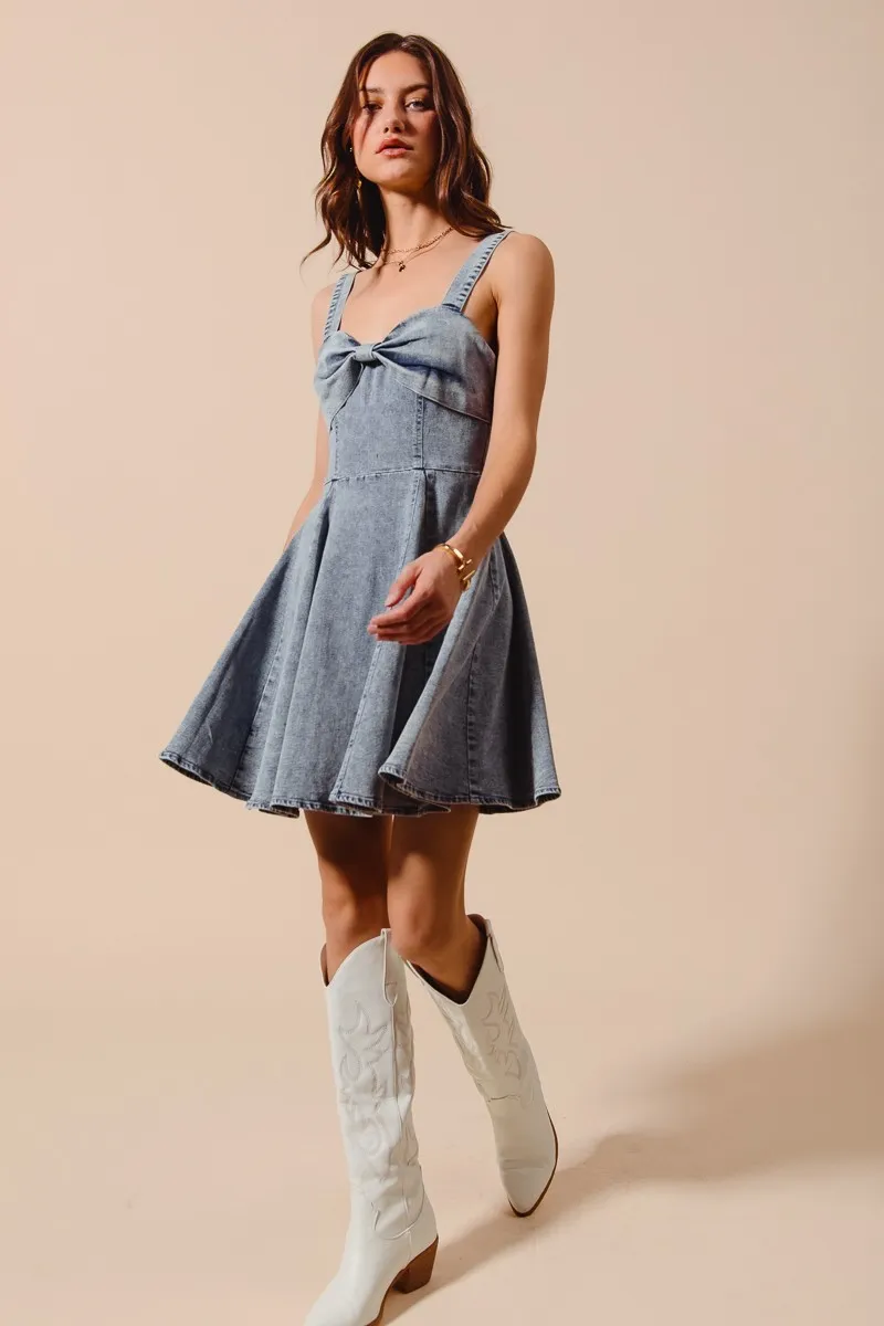 Mineral Washed Bow Ribbon Denim Flare Dress, image 12