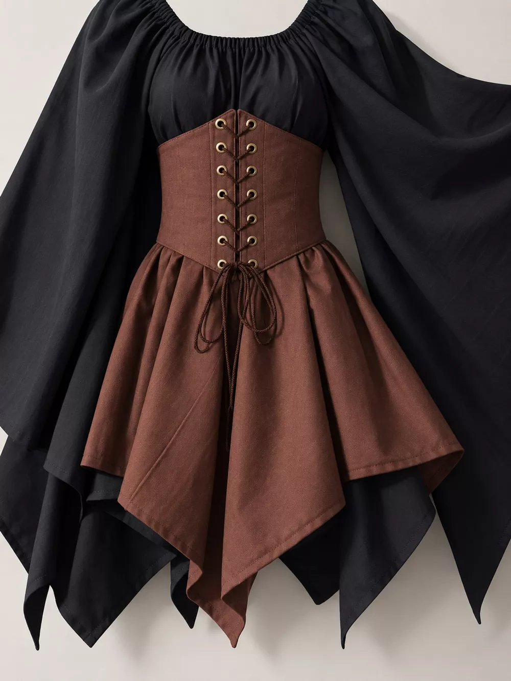 Full Size Lace-Up Flare Sleeve Irregular Hem Dress Plus Size, image 36