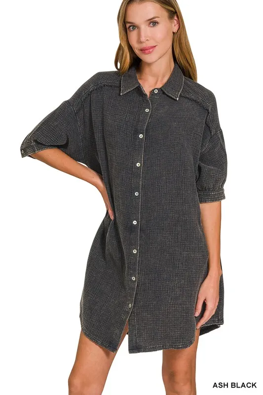 Washed Double Gauze Button Down Shirt Dress