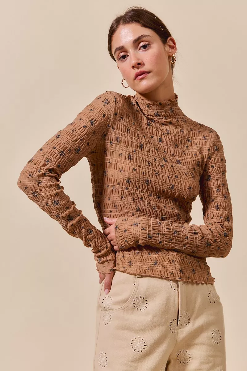 Floral Print Textured Long Sleeve Knit Top