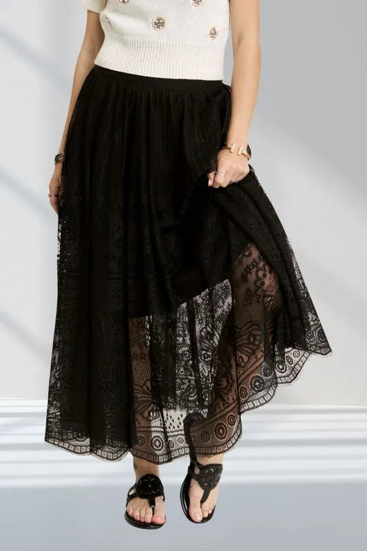 Elastic Waist Raw Hem Lace Maxi Skirt, image 3