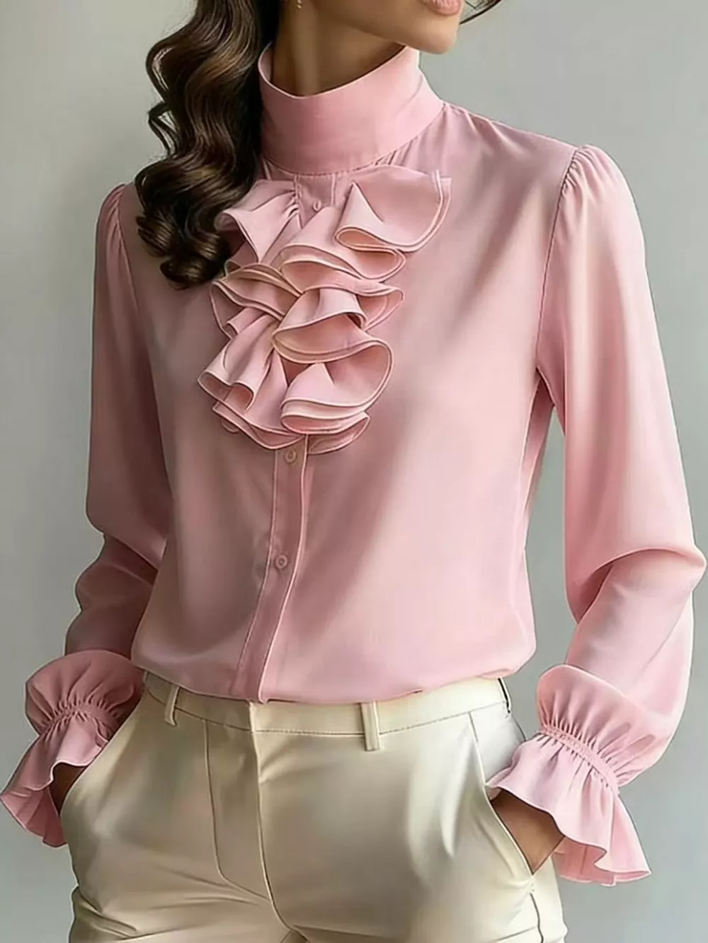 Ruffled Stand-Collar Blouse with Long Lantern Sleeves, image 19