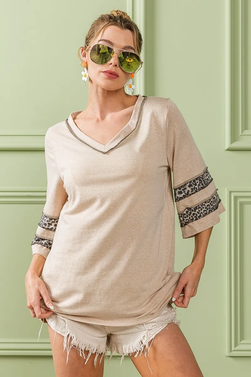 Triblend Knit Top with Leopard Band Detail, image 3
