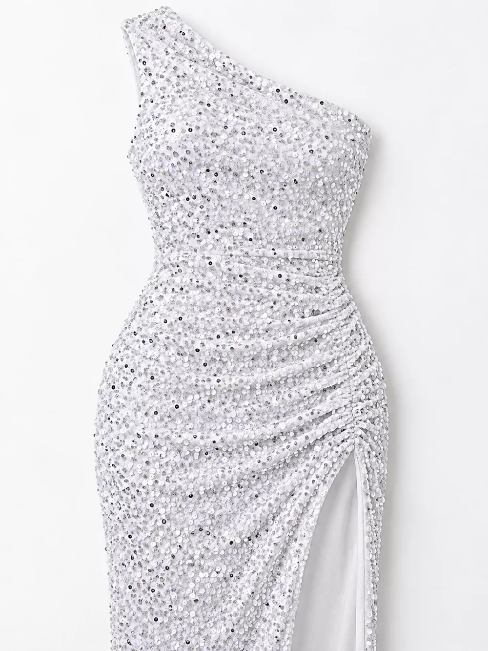 One-Shoulder Ruched Sequin High-Slit Evening Dress, image 38