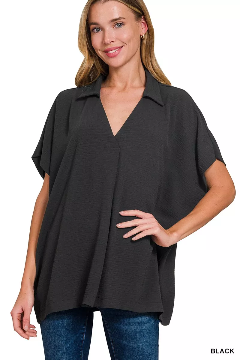Woven Airflow Collared Short Sleeve Top