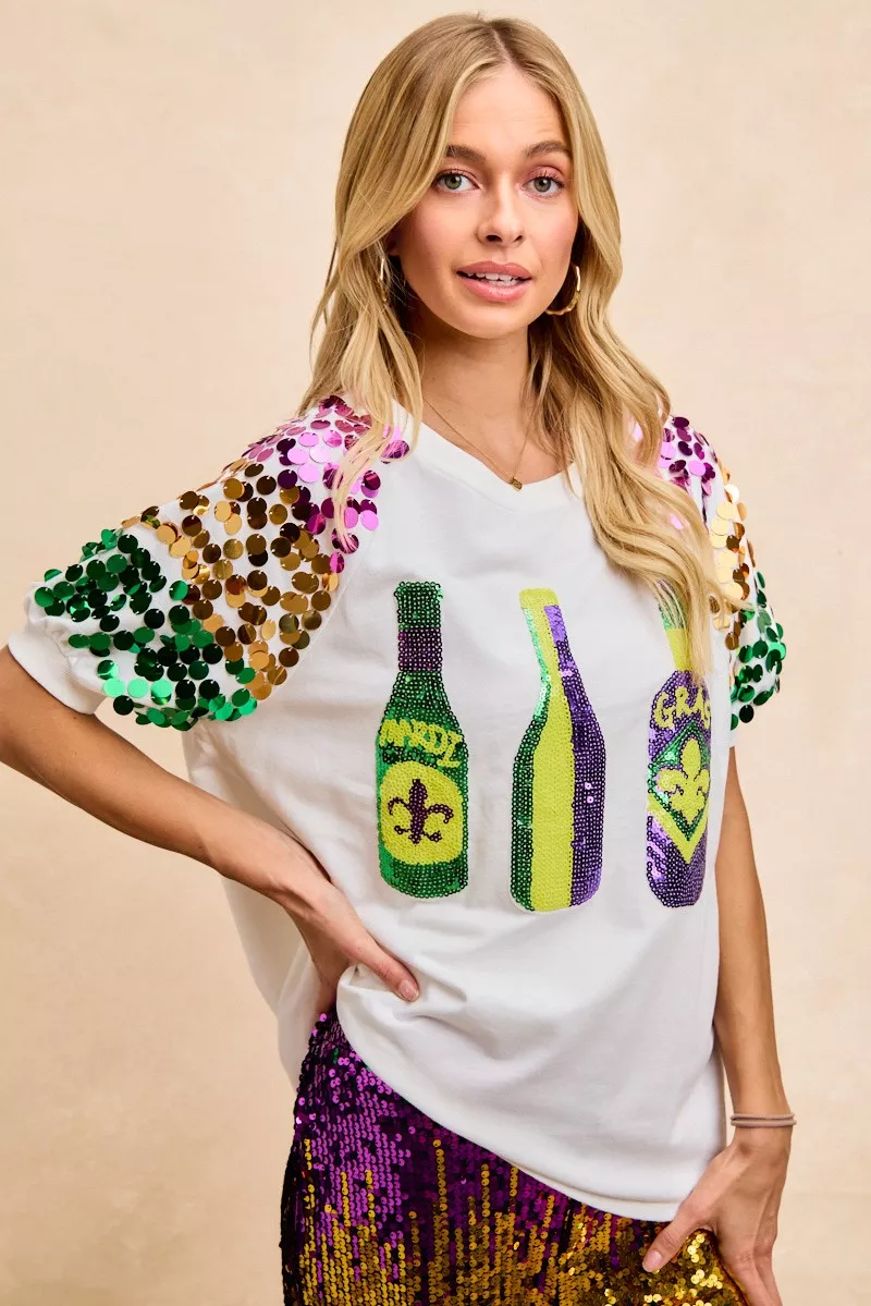 Sequin Mardi Gras Bottles Spangled Sleeve Top, image 2