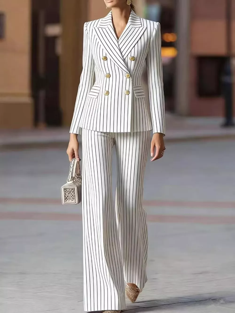 Double-Breasted Pinstripe Blazer and Wide-Leg Pants Set, image 17