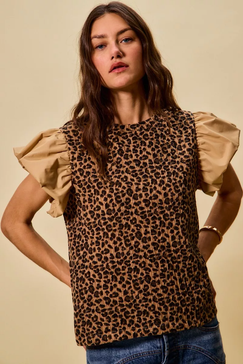 Leopard Pointelle Knit Top with Puff Sleeves, image 2