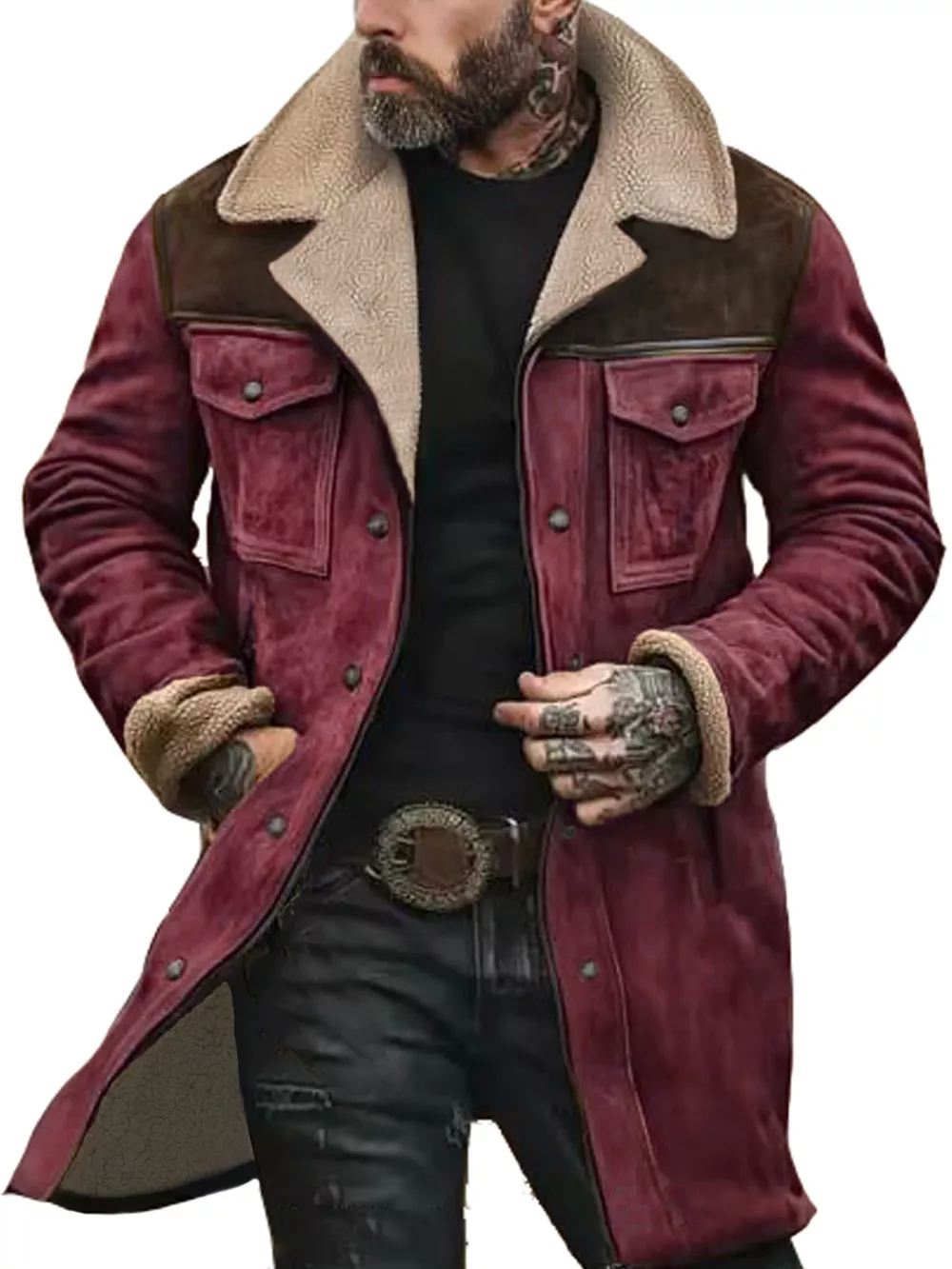 Men's Full Size Vintage Shearling Lined Longline Coat Plus Size, image 5