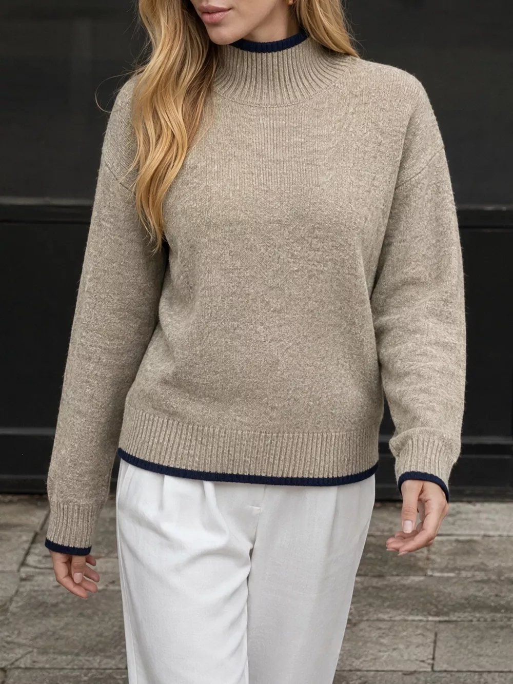 Cozy Mock Neck Sweater with Contrast Trim, image 4
