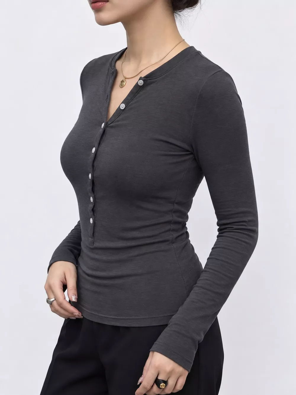 Slim-Fit Button-Down Long Sleeve Knit Top, image 2