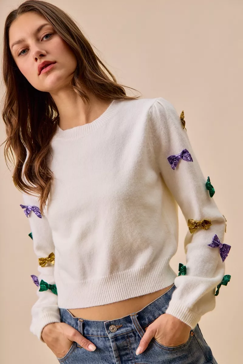 Mardi Gras Glitter Bow Ribbon Sweater Knit Top, image 21