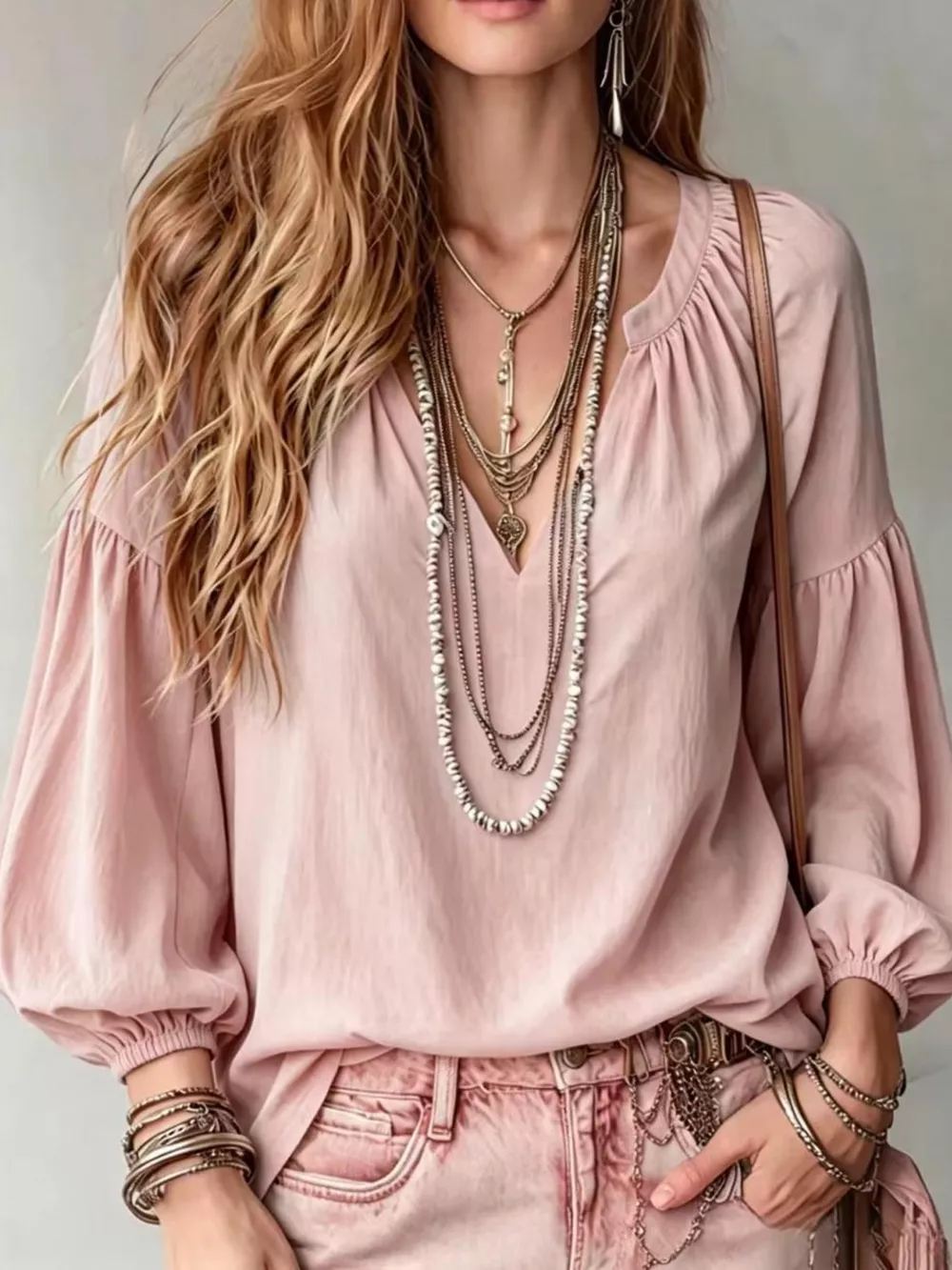 Full Size Notched Balloon Sleeve Blouse Plus Size, image 27