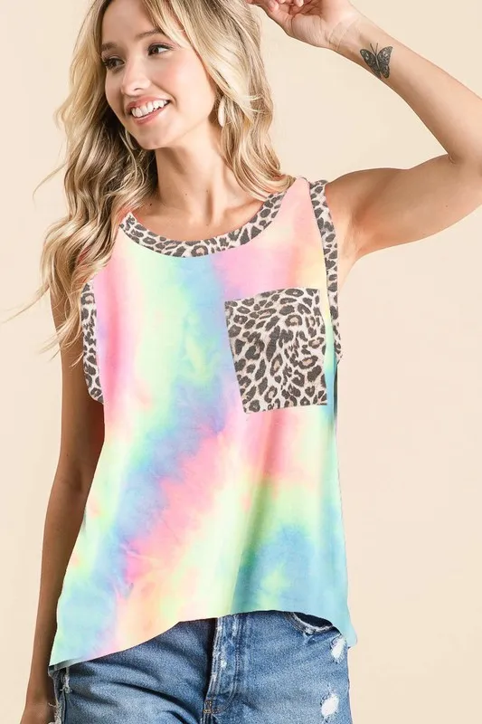Sleeveless Tie Dye Top With Leopard Band, image 2