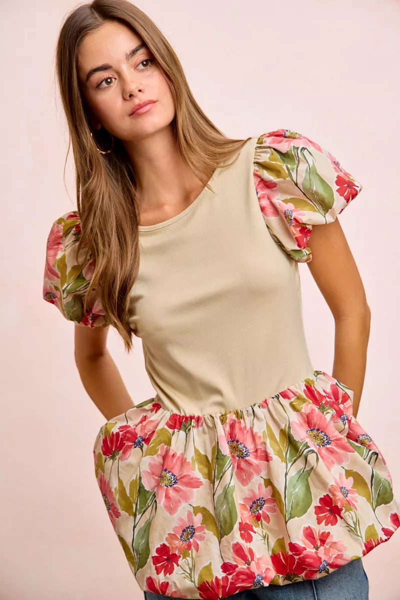 Floral Printed Bubble Sleeves and Hem Peplum Top, image 2