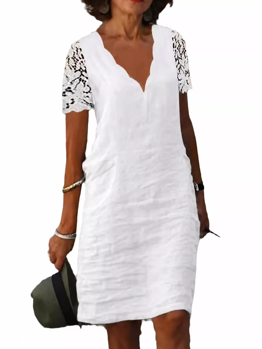 Full Size Scalloped V-Neck Lace Sleeve Mini Dress Plus Size