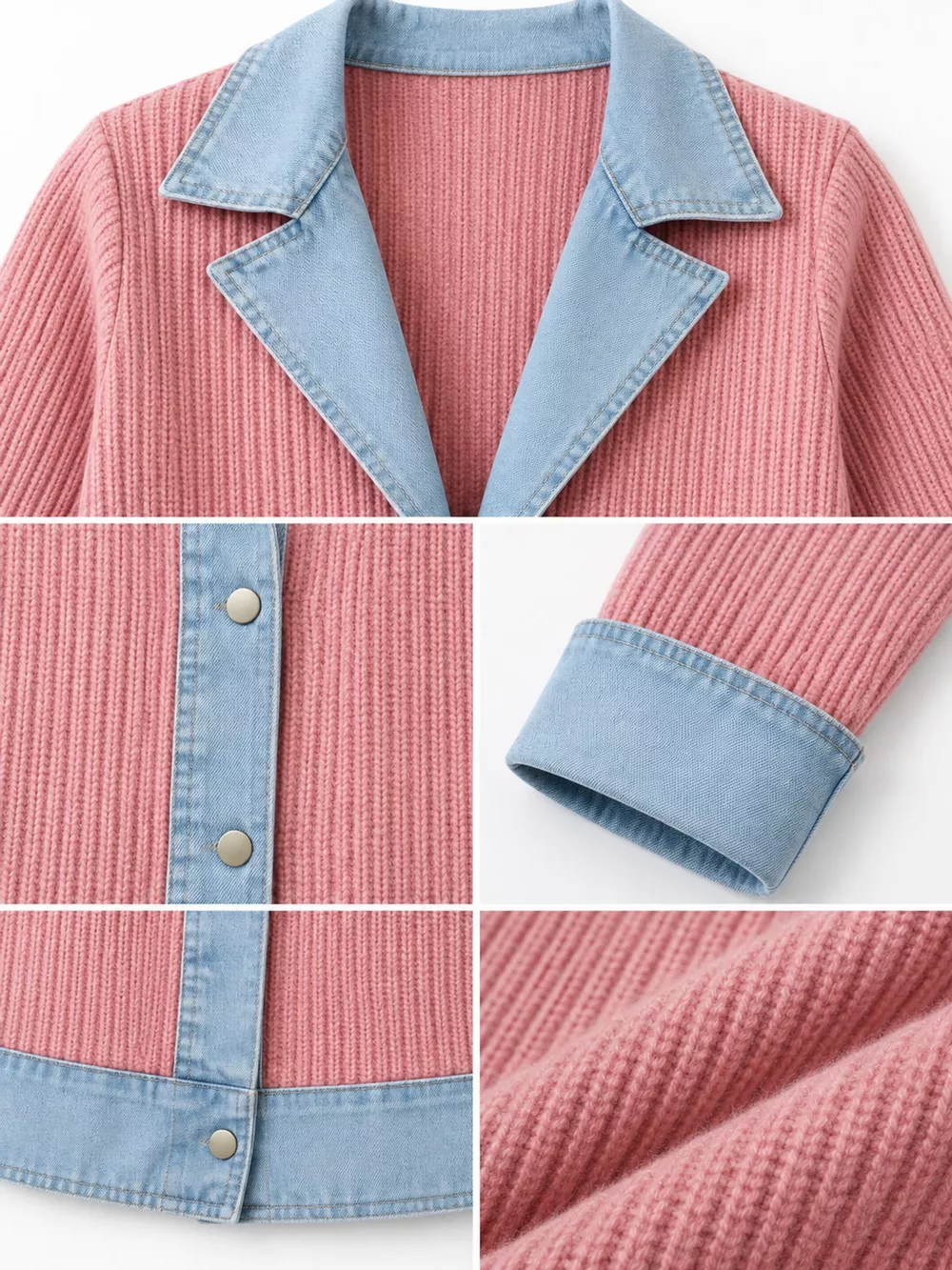 Full Size Denim Trim Ribbed Knit Cardigan Plus Size, image 41