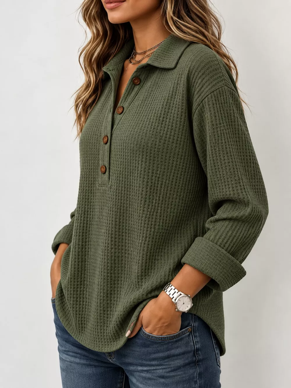 Full Size Waffle Knit Long Sleeve Polo Top Plus Size, image 28