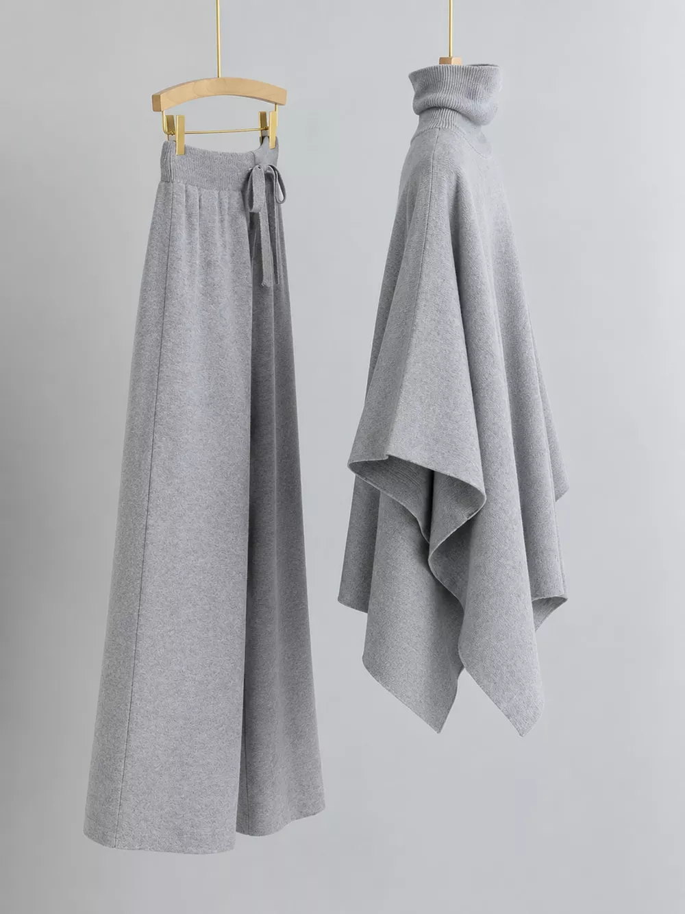 Elegant Turtleneck Poncho Sweater and Wide-Leg Knit Pants Set, image 13