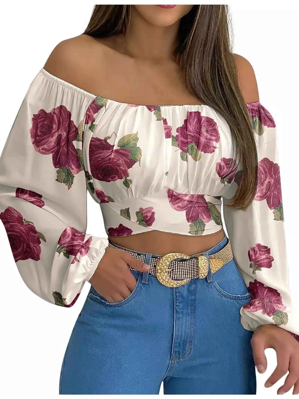 Off-Shoulder Long Sleeve Cropped Blouse, image 26