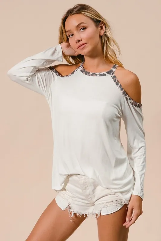 Jersey Knit Cold Shoulder Top with Leopard Neck, image 10