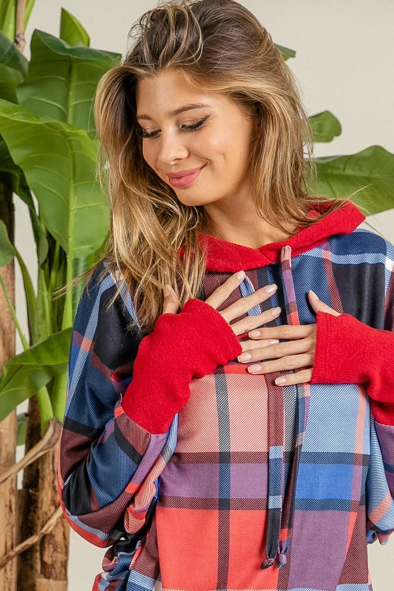 Plaid Mirr Brushed Rib Contrast Thumb Open Hoodie, image 9