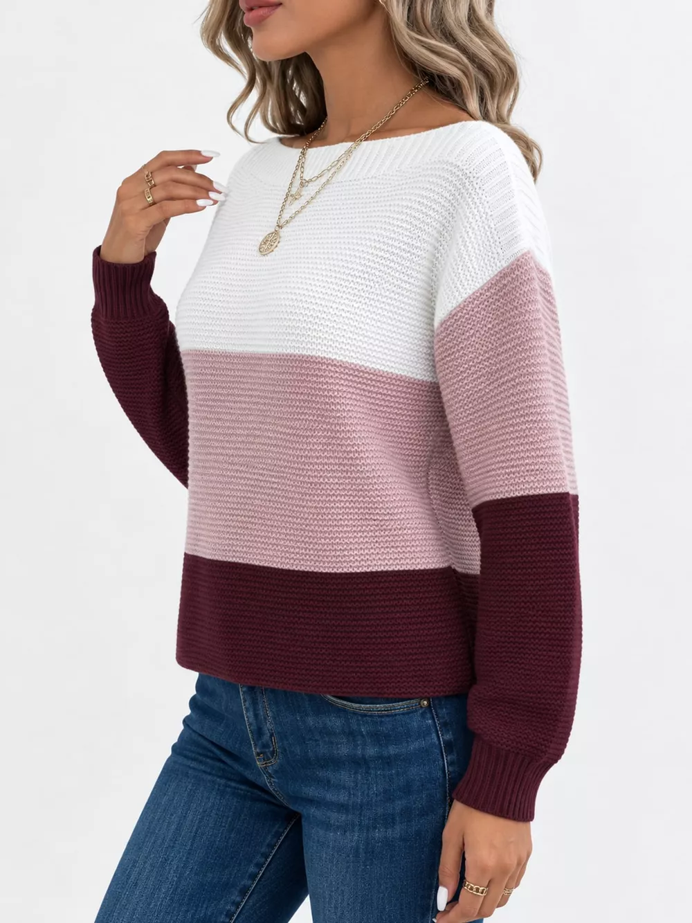 Full Size Color-Block Boat Neck Sweater Plus Size, image 44