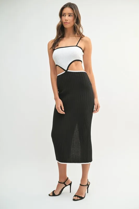 Ribbed Knit Color Block Cutout Midi Dress, image 2