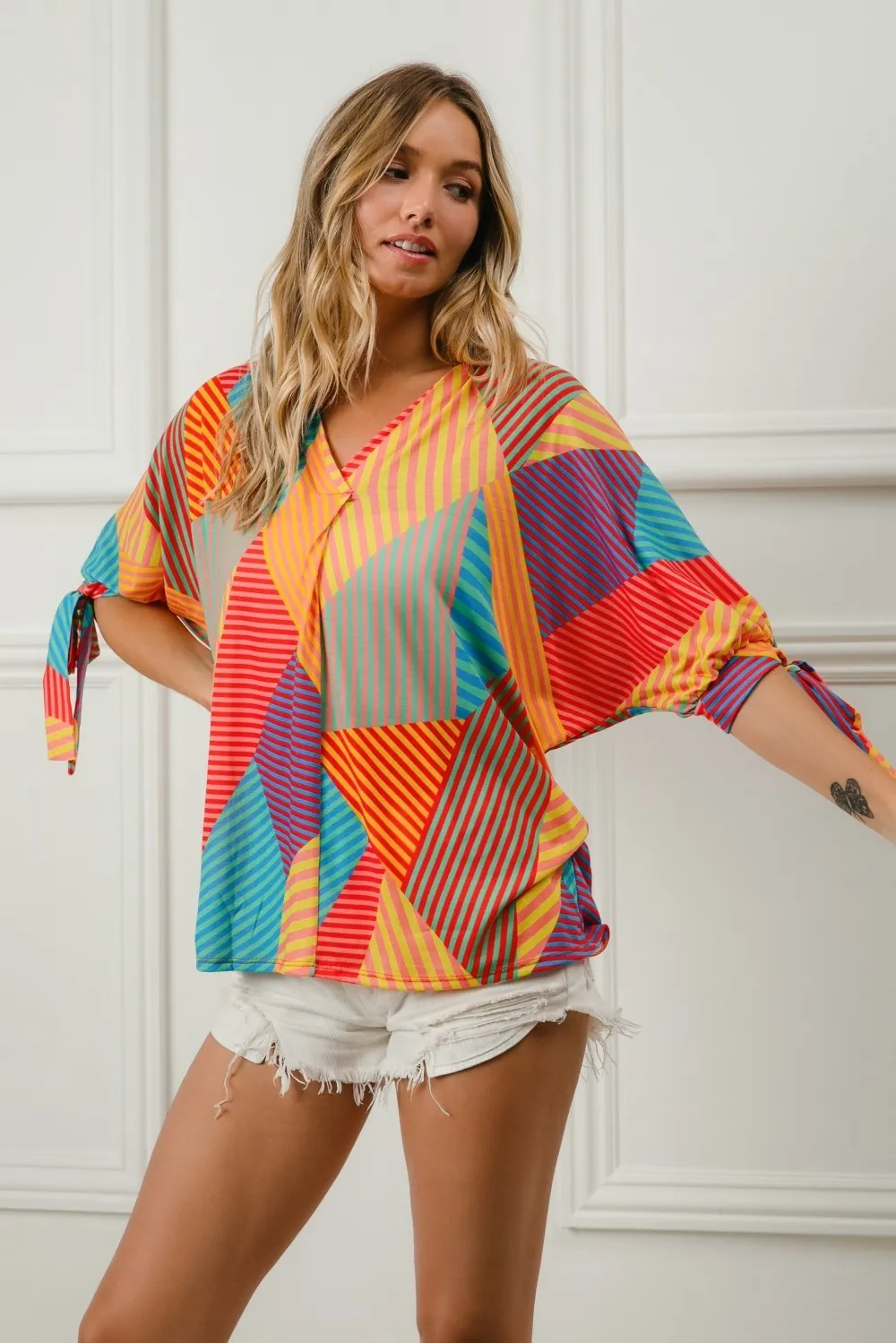 Multi Stripe Block Printed Jersey Blouse with Tied Sleeves