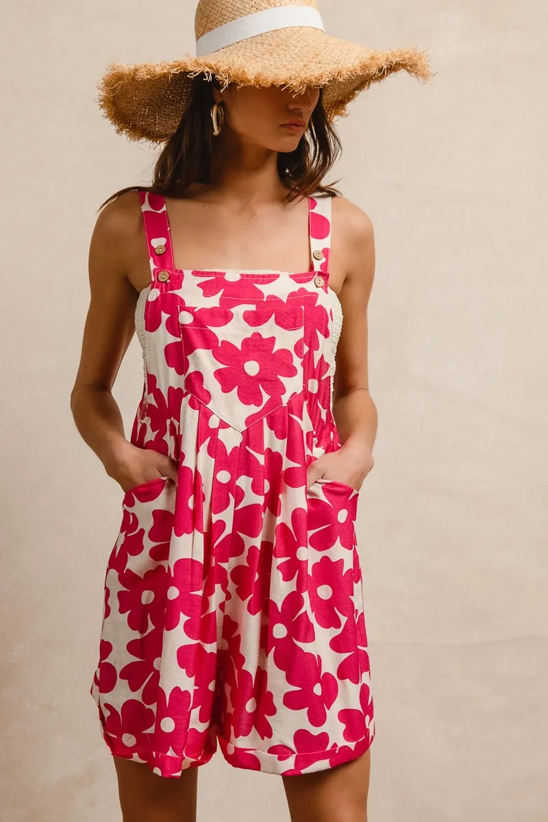 Floral Prints Tuck Detail Short Overall With Pockets, image 2