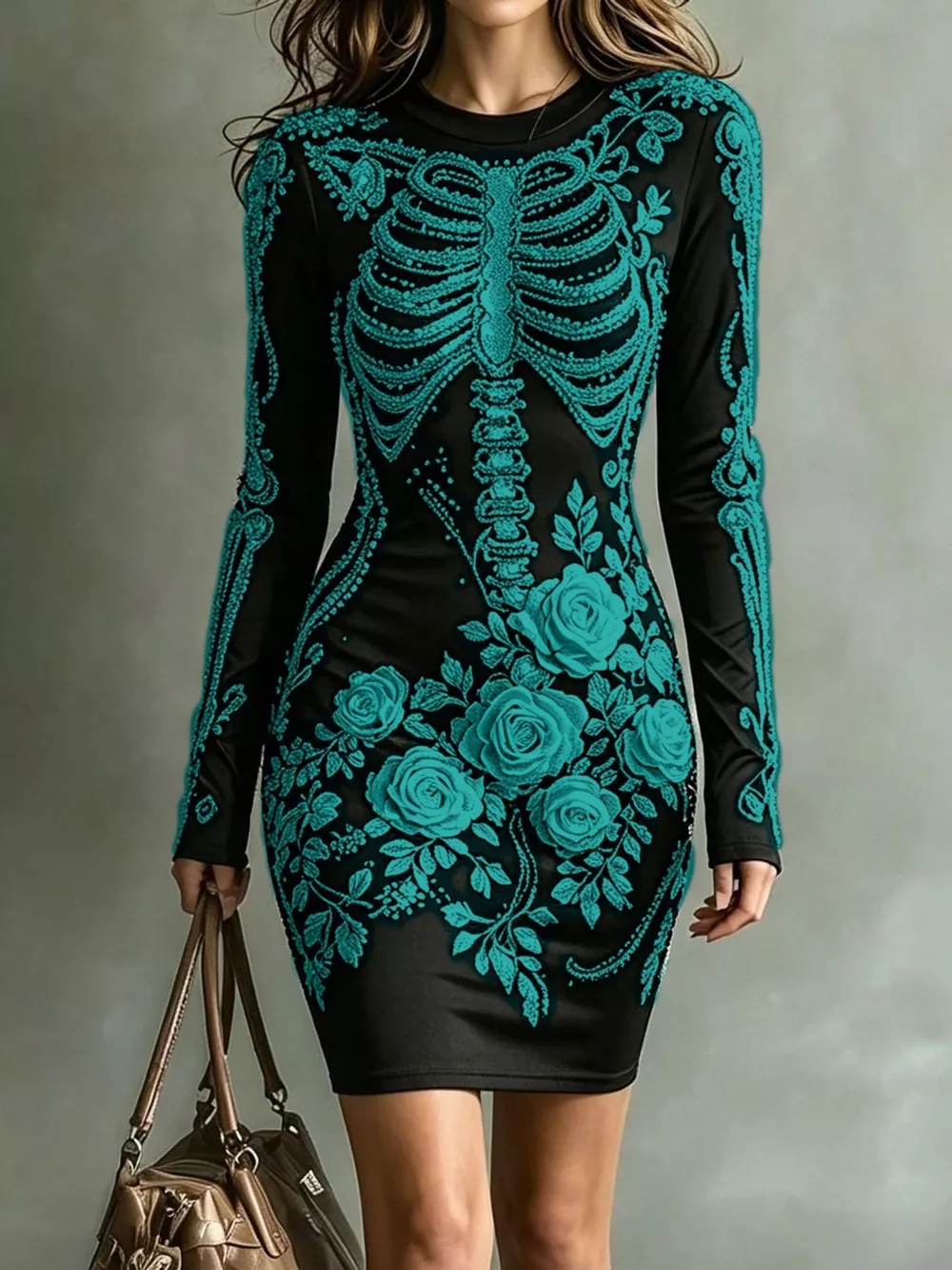 Skeleton Floral Long Sleeve Bodycon Dress, image 15