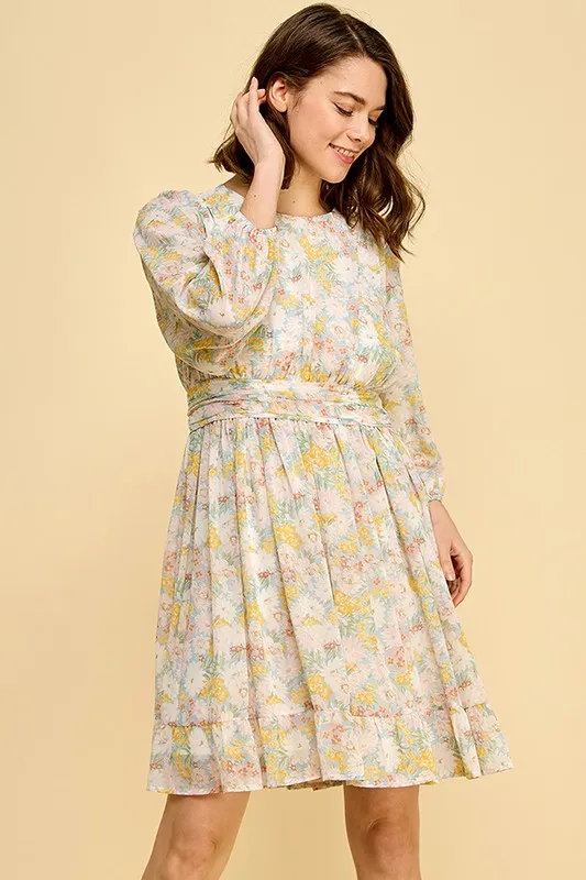 Chiffon Floral Print Belted Dress with Back Zipper, image 6