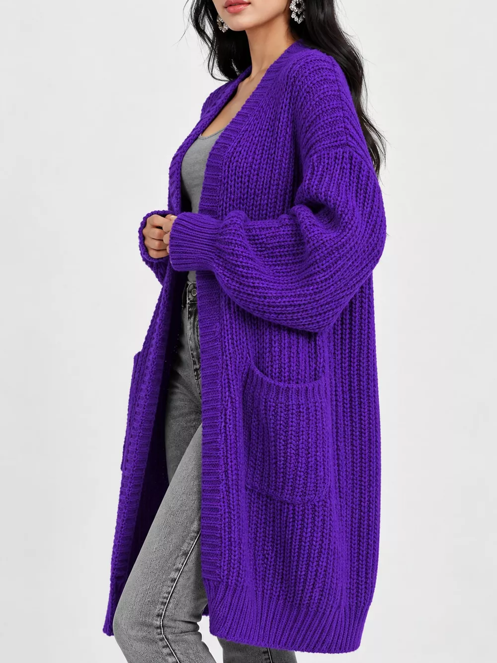 Full Size Chunky Knit Openwork Front Longline Cardigan Plus Size, image 37