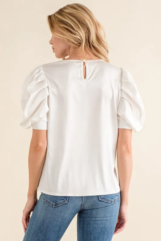 Plain Satin Puff Shirring V Neck Blouse Top, image 2