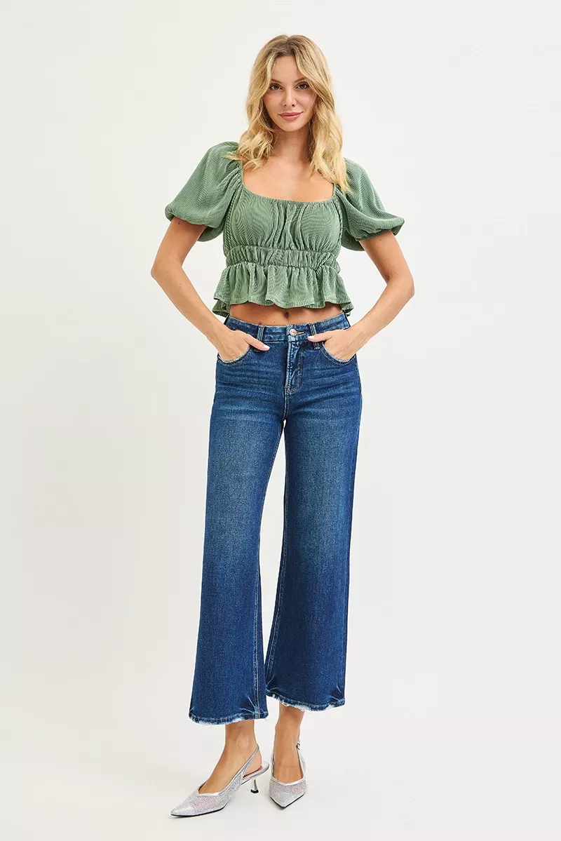Tummy Control 4 Way Stretch High Rise Crop Wide Leg Jeans, image 2