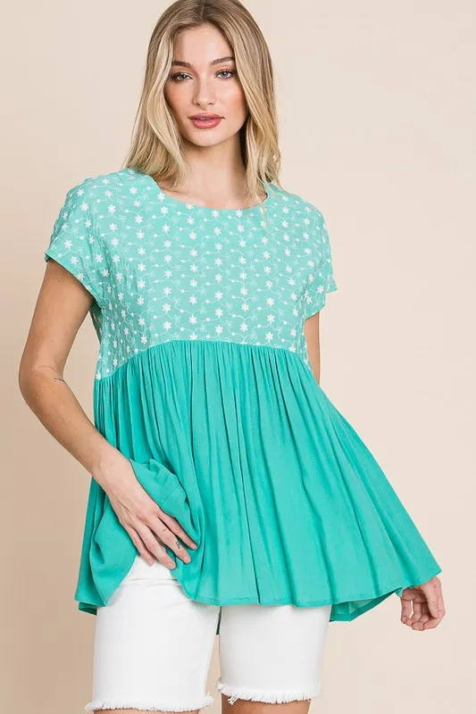 Full Size Embroidered Short Sleeve Pleated Babydoll Top Plus Size, image 6