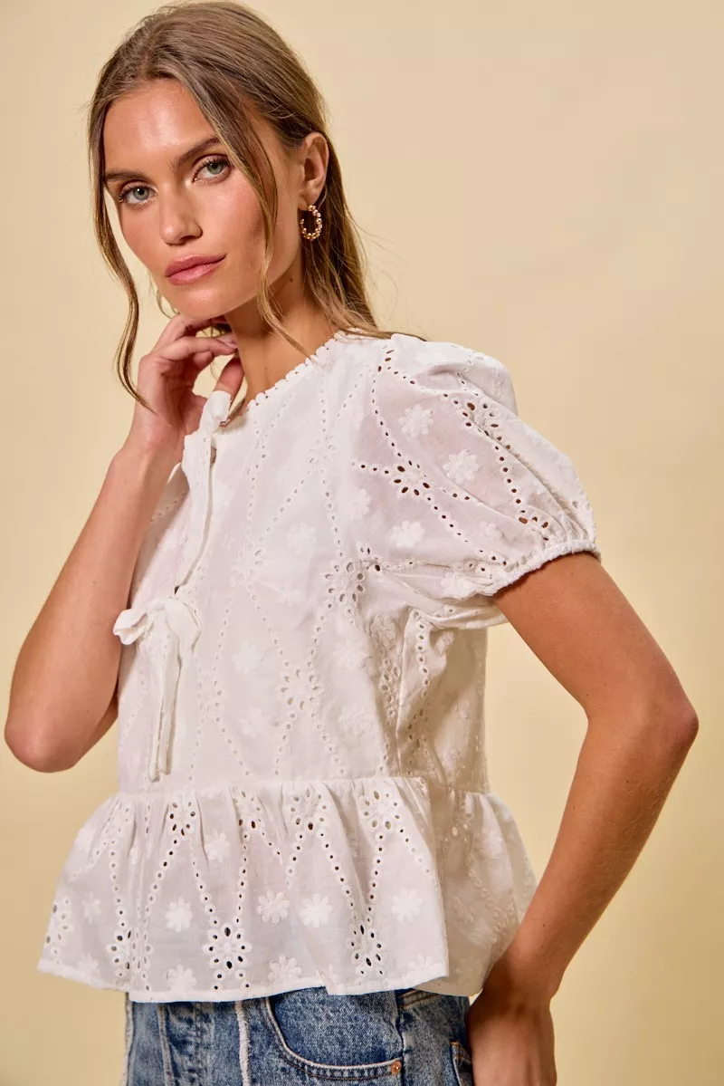 Cotton Eyelet Front Tie Short Sleeves Blouse, image 3