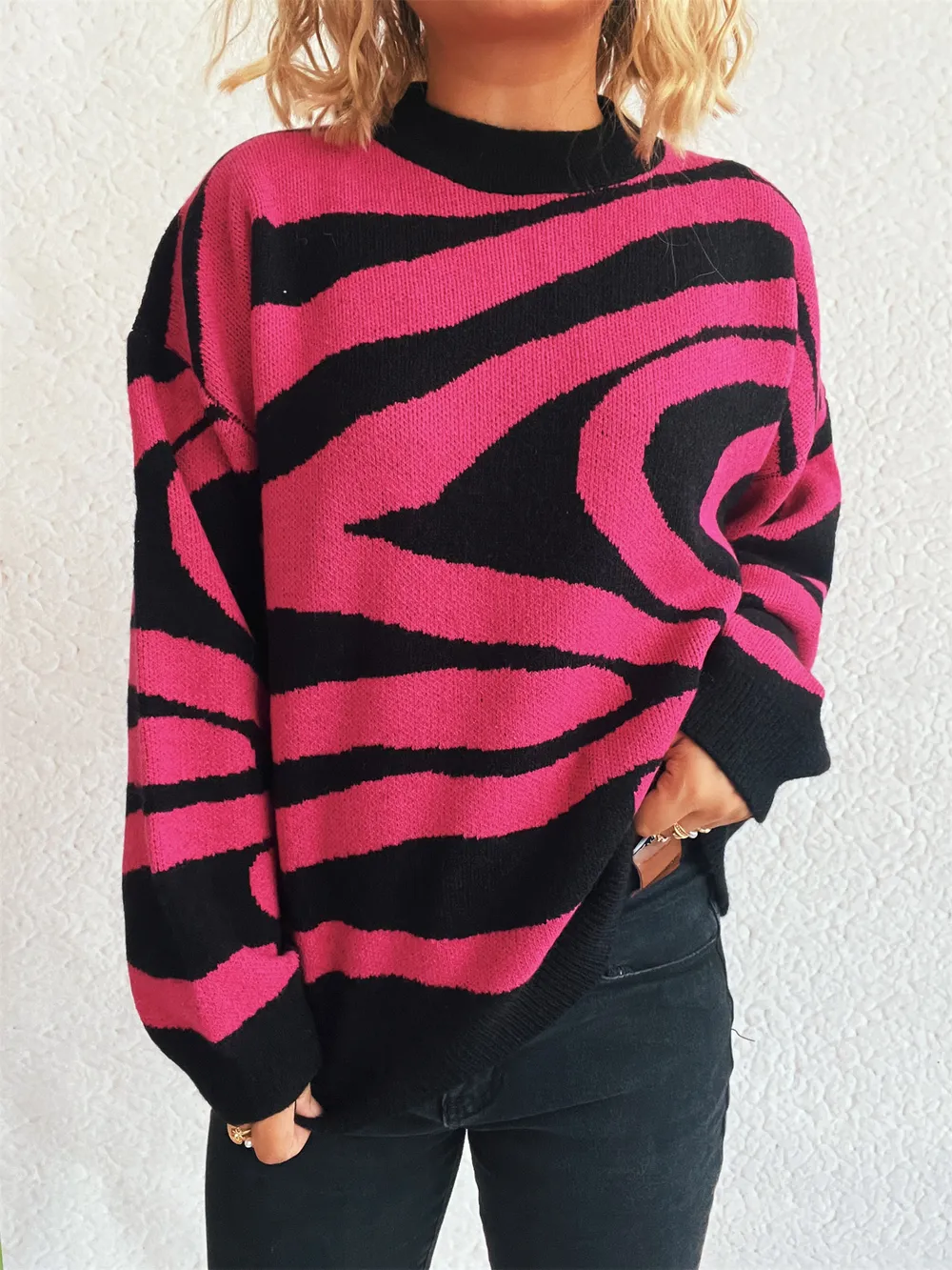 Zebra Print Round Neck Sweater, image 15