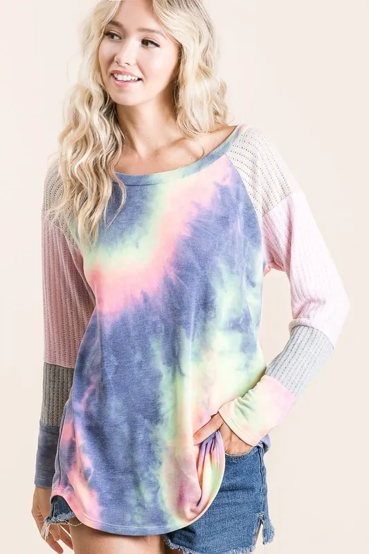 Tie Dye Terry Top With Color Block Pointelle Knit, image 7