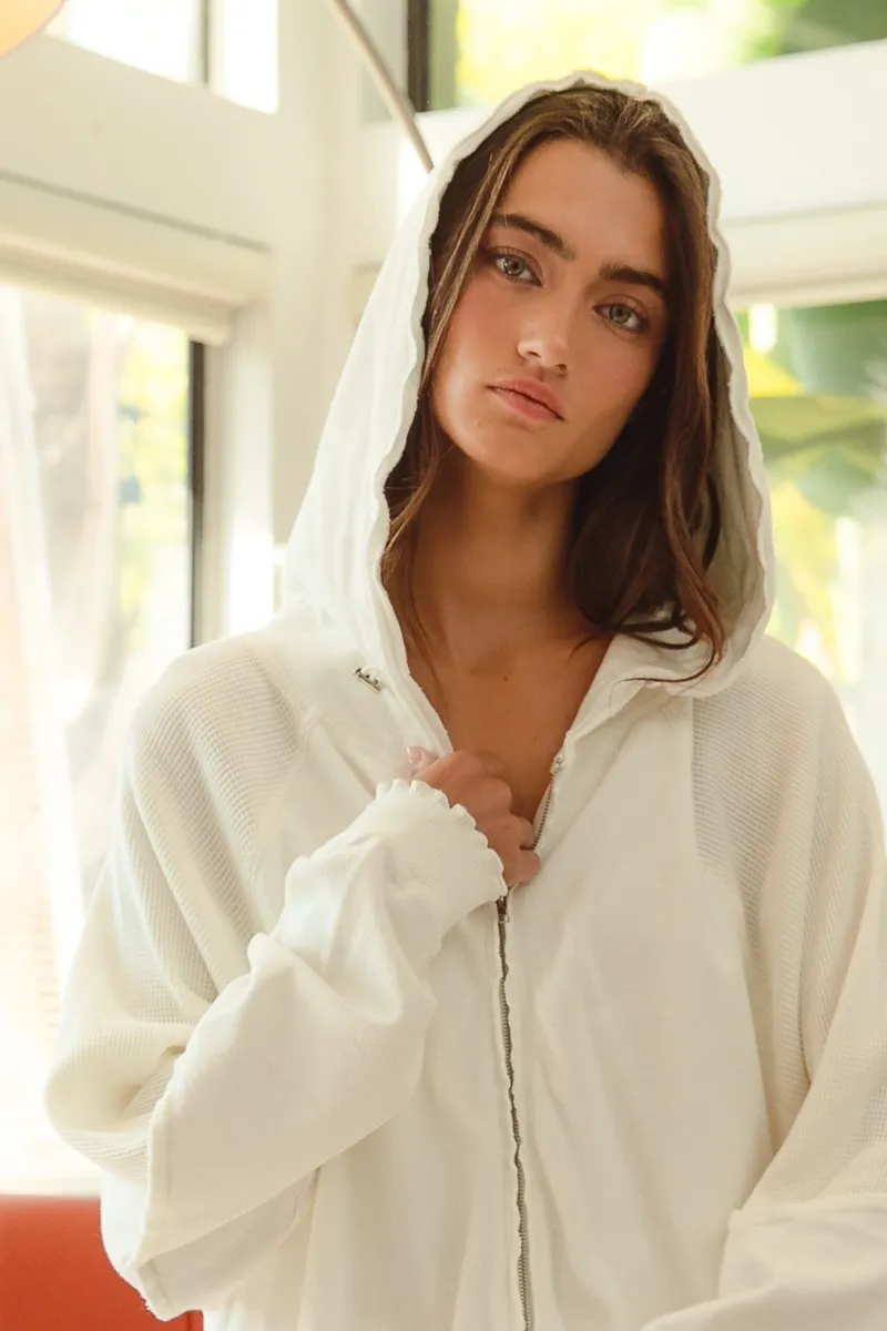 Waffle Thermal And Terry Mix Washed Zip Up Hoodie, image 4