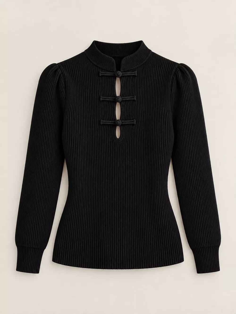 Chinese-Style Button Ribbed Knit Top, image 15