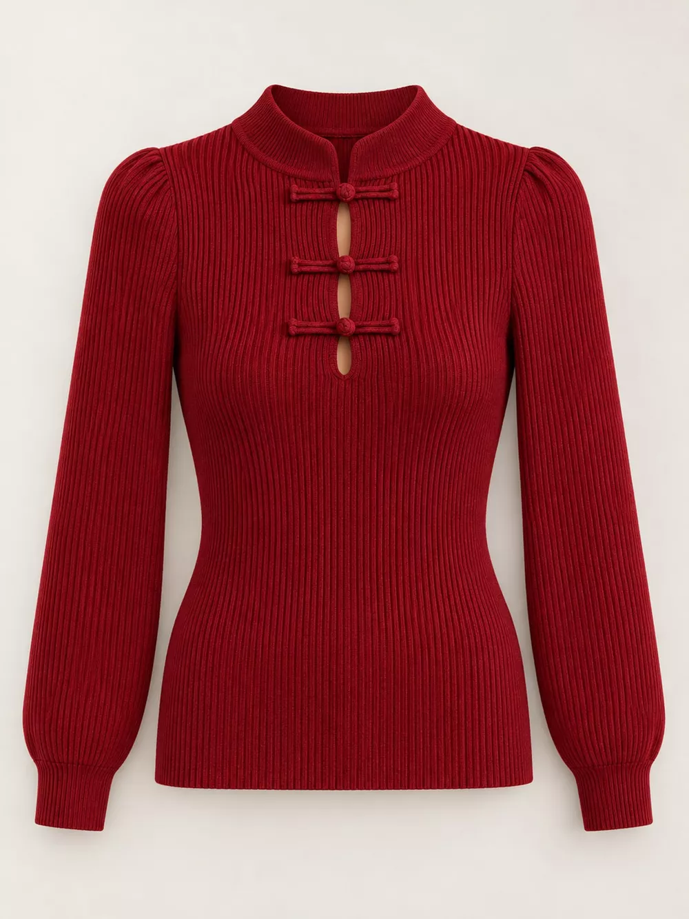 Chinese-Style Button Ribbed Knit Top, image 20
