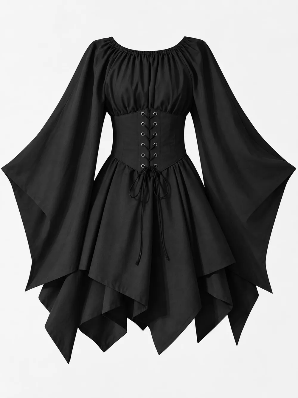 Full Size Lace-Up Flare Sleeve Irregular Hem Dress Plus Size, image 3