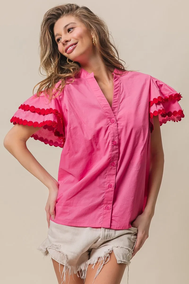 Dot Trim Flutter Sleeve Notched Top, image 3